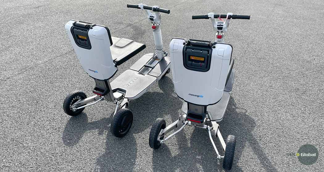 2 foldable mobility scooters view from back side