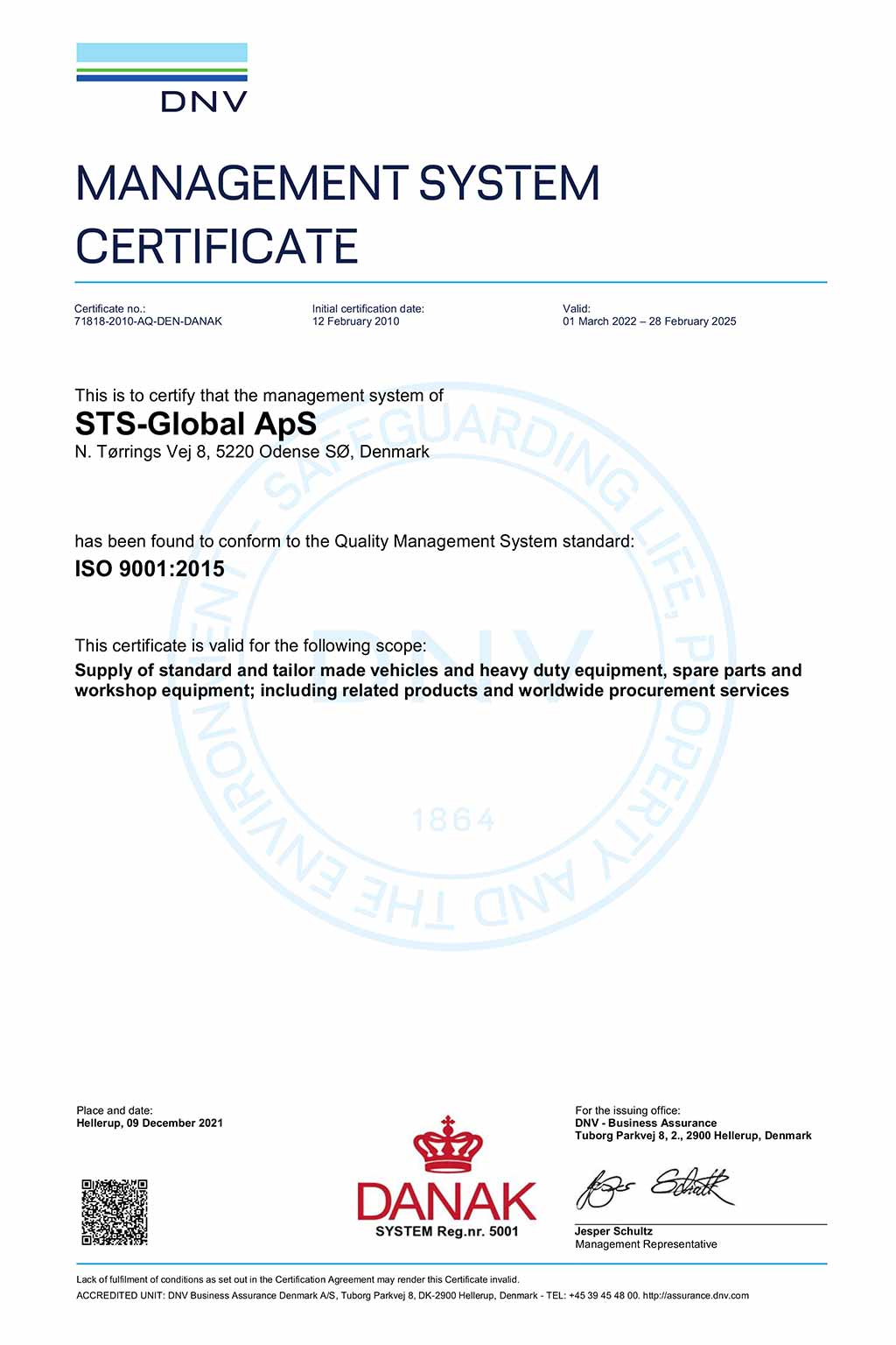Копия сертификата международного стандарта качества организаций и предприятий ISO 9001 STS-Global