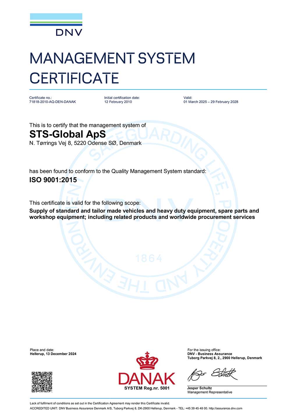 STS-Global ISO 9001:2015 2025-2028 Certificate