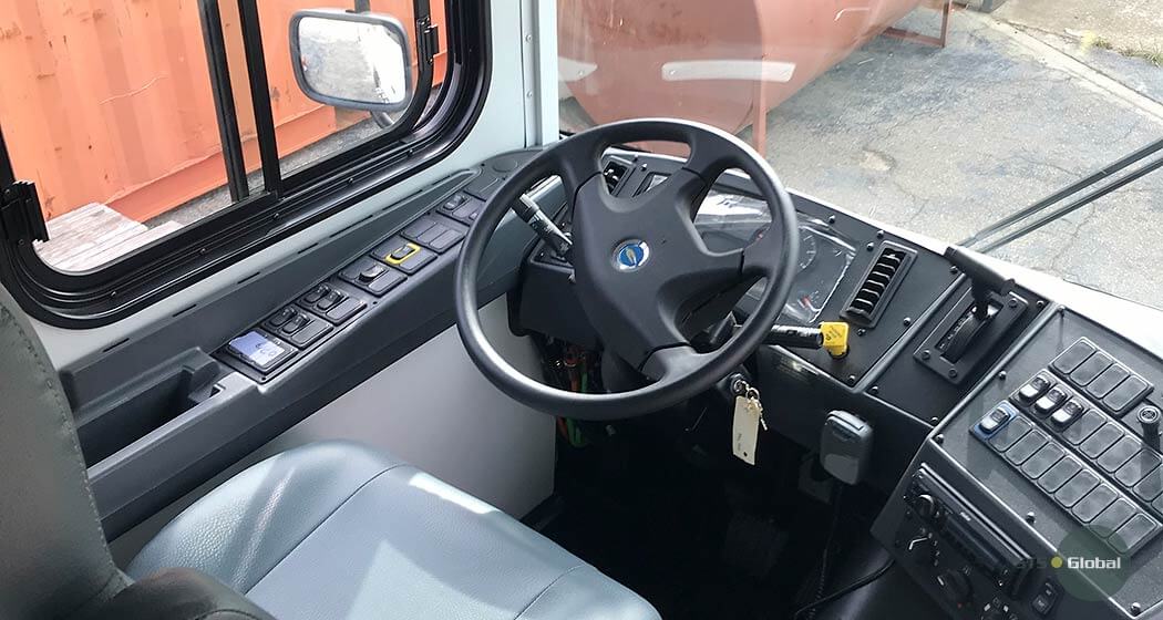 Blue Bird bus driver's seat view